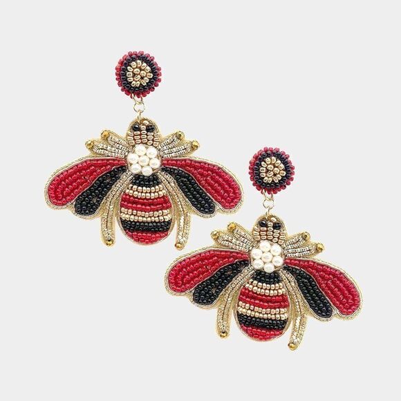 Honey Bee Red & Black Seed Bead Dangle Earrings - Picture 1 of 5
